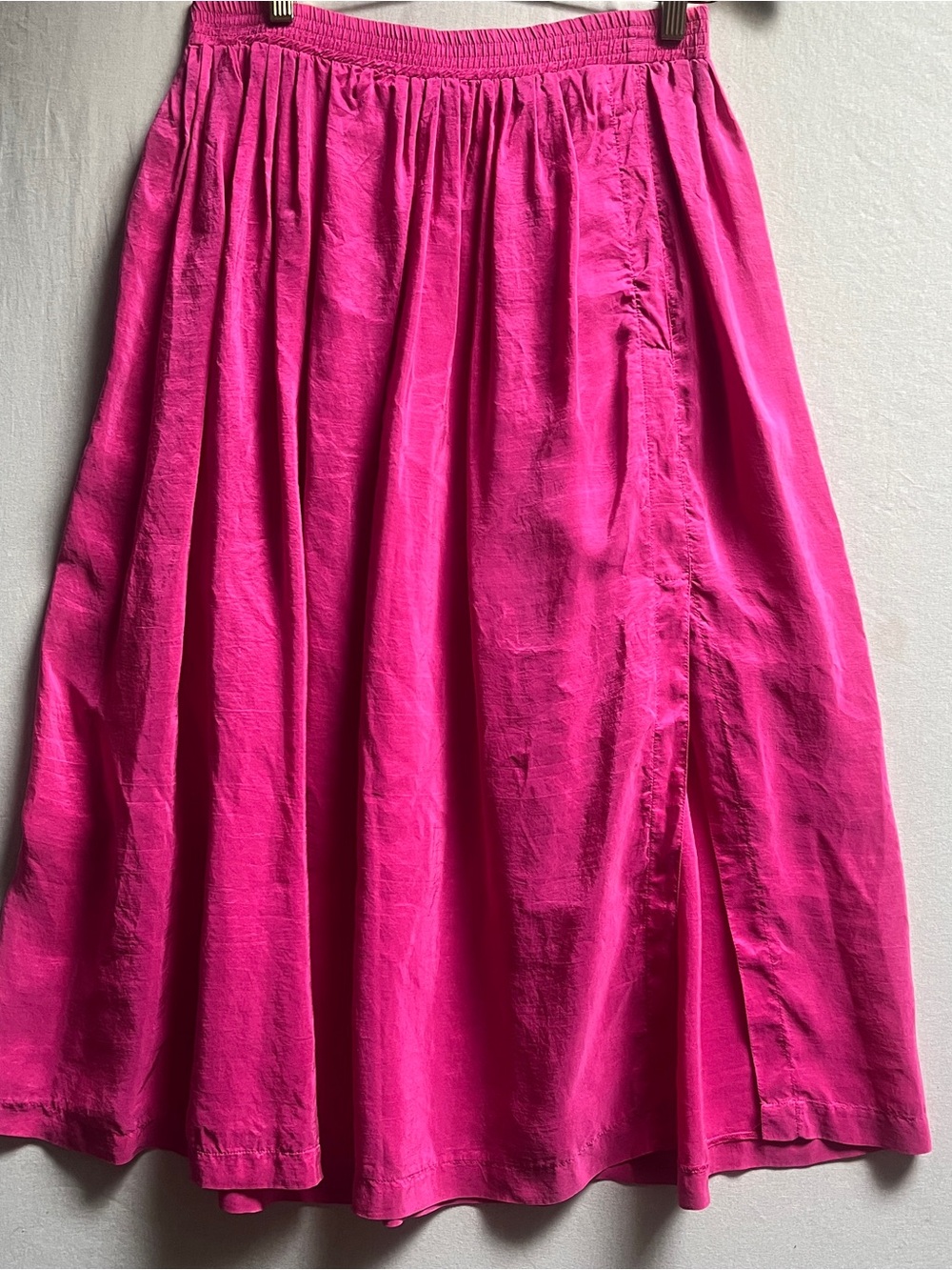 Vintage LUltima Silk Hot Pink A Line Midi Skirt Gathered Waist Womens 10